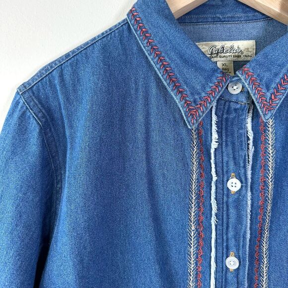 Vintage Cabela's Women's XL Embroidered Denim Shirt Western Jean Button-up - Picture 1 of 9
